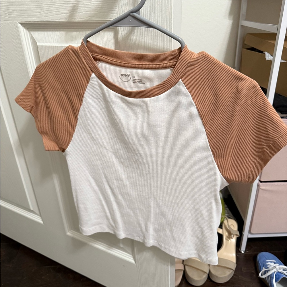 White and Brown Aerie Baby Tee